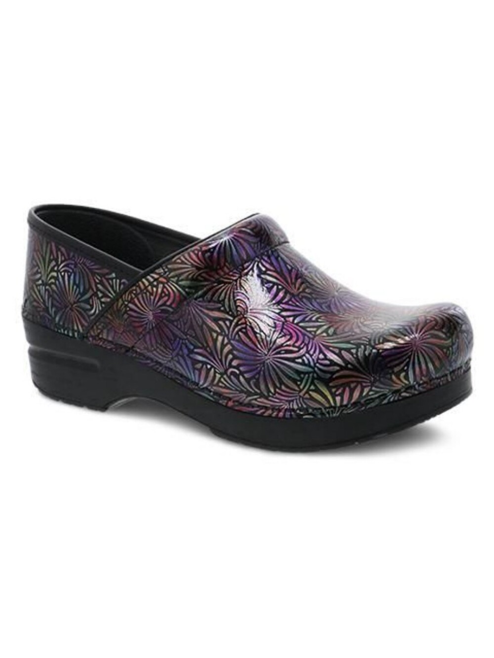 Dansko Dandelion Professional Clogs Sz 37/7 Black Floral Patent Leather Slip-on